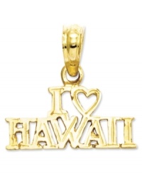 One of the most beautiful places on earth is now the subject of a beautiful keepsake! This 14 gold charm reads I (Heart) Hawaii with gleaming brilliance. Chain not included. Approximate drop length: 3/5 inch. Approximate drop width: 3/5 inch. One of the most beautiful places on earth is now the subject of a beautiful keepsake! This 14 gold charm reads I (Heart) Hawaii with gleaming brilliance. Chain not included. Approximate drop length: 3/5 inch. Approximate drop width: 3/5 inch.