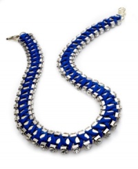Futuristic fashion, by Bar III. Wrapped in colorful blue chiffon, this golden necklace makes a scene with crystal sparkle. Crafted in rhodium-plated gold tone mixed metal. Approximate length: 21 inches + 2-inch extender. Futuristic fashion, by Bar III. Wrapped in colorful blue chiffon, this golden necklace makes a scene with crystal sparkle. Crafted in rhodium-plated gold tone mixed metal. Approximate length: 21 inches + 2-inch extender.