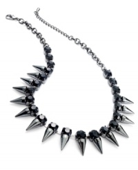 Look sharp with this necklace from Bar III. Crafted from hematite-tone mixed metal, the necklace is adorned with spikes and black glass crystals for a bit of fashion on the edge. Approximate length: 16 inches + 2-inch extender. Look sharp with this necklace from Bar III. Crafted from hematite-tone mixed metal, the necklace is adorned with spikes and black glass crystals for a bit of fashion on the edge. Approximate length: 16 inches + 2-inch extender.