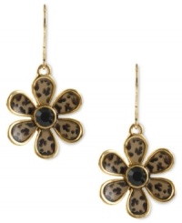 Call of the wild. Betsey Johnson's flower earrings are designed with leopard details and finished with a black-colored crystal accent at the center. Crafted in antiqued gold tone mixed metal. Approximate drop: 1-5/8 inches. Call of the wild. Betsey Johnson's flower earrings are designed with leopard details and finished with a black-colored crystal accent at the center. Crafted in antiqued gold tone mixed metal. Approximate drop: 1-5/8 inches.