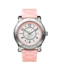 Pretty in pink. This HRH by Juicy Couture watch is crafted of pink synthetic jelly strap and round stainless steel case. Bezel etched with logo. White dial with textured silver tone inner dial features applied numerals, text numerals at five and nine o'clock, white minute track, three hands and crown logo. Quartz movement. Water resistant to 30 meters. Two-year limited warranty. Pretty in pink. This HRH by Juicy Couture watch is crafted of pink synthetic jelly strap and round stainless steel case. Bezel etched with logo. White dial with textured silver tone inner dial features applied numerals, text numerals at five and nine o'clock, white minute track, three hands and crown logo. Quartz movement. Water resistant to 30 meters. Two-year limited warranty.