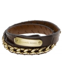 Give yourself the extra edge. A blend of luxurious gold tone mixed metal links and chocolate leather give Michael Kors' latest accessory rock star appeal. Double wrap bracelet is adjustable. Approximate length: 14-1/2 to 16-1/2 inches. Give yourself the extra edge. A blend of luxurious gold tone mixed metal links and chocolate leather give Michael Kors' latest accessory rock star appeal. Double wrap bracelet is adjustable. Approximate length: 14-1/2 to 16-1/2 inches.