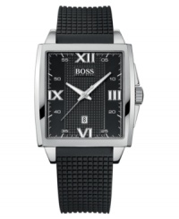 Keep on the beat with this modern watch, with a sporty yet refined edge. Black silicone strap. Silvertone stainless steel square case and square dial with logo, date window and roman numeral indices. Quartz movement. Water resistant to 30 meters. Two-year limited warranty. Keep on the beat with this modern watch, with a sporty yet refined edge. Black silicone strap. Silvertone stainless steel square case and square dial with logo, date window and roman numeral indices. Quartz movement. Water resistant to 30 meters. Two-year limited warranty.