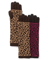 Aqua's touch-screen compatible gloves are as versatile as they are fabulous-they can be worn as long, printed gloves; short, solid gloves; or as leopard-printed armwarmers. Aqua's touch-screen compatible gloves are as versatile as they are fabulous-they can be worn as long, printed gloves; short, solid gloves; or as leopard-printed armwarmers.