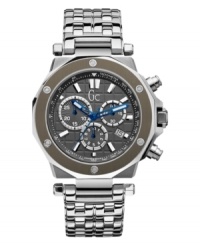 Stunning design and Swiss precision. Gc-3 chronograph watch by Gc Swiss Made Timepieces crafted of stainless steel bracelet and round case with titanium PVD bezel and silver tone lugs. Gray grid-patterned chronograph dial features applied silver tone stick indices, tachymeter scale, date window at four o'clock, three subdials, blue hands and logo. Swiss quartz movement. Water resistant to 100 meters. Ten-year limited warranty. Luxury Gc gift box packaging included. Stunning design and Swiss precision. Gc-3 chronograph watch by Gc Swiss Made Timepieces crafted of stainless steel bracelet and round case with titanium PVD bezel and silver tone lugs. Gray grid-patterned chronograph dial features applied silver tone stick indices, tachymeter scale, date window at four o'clock, three subdials, blue hands and logo. Swiss quartz movement. Water resistant to 100 meters. Ten-year limited warranty. Luxury Gc gift box packaging included.