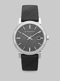 A sleek timepiece in brushed/polished stainless steel with leather check strap.Round bezelSwiss movementSecond handDate displayBlack check hydraulic stamped dialSapphire crystalWater resistant to 5 ATMStainless steel case: 38mm (1.5) Imported A sleek timepiece in brushed/polished stainless steel with leather check strap.Round bezelSwiss movementSecond handDate displayBlack check hydraulic stamped dialSapphire crystalWater resistant to 5 ATMStainless steel case: 38mm (1.5) Imported