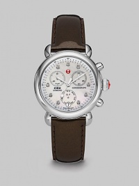 From the CSX Collection. A classic stainless steel timepiece with diamond markers and a technical, chronograph dial. Swiss quartz movementWater resistant to 5 ATMRound stainless steel case, 36mm (1.4)Smooth bezelMother-of-pearl chronograph dialDiamond markers, .04 tcwDate display at 6 o'clockSecond hand Espresso patent leather strap, 18mm wide (0.7)Imported From the CSX Collection. A classic stainless steel timepiece with diamond markers and a technical, chronograph dial. Swiss quartz movementWater resistant to 5 ATMRound stainless steel case, 36mm (1.4)Smooth bezelMother-of-pearl chronograph dialDiamond markers, .04 tcwDate display at 6 o'clockSecond hand Espresso patent leather strap, 18mm wide (0.7)Imported