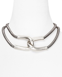 Giles & Brothers make chic work of the industrial-inspired jewelry trend with this silver oxide collar necklace. With polished links and a bold look, it encapsulates downtown cool. Giles & Brothers make chic work of the industrial-inspired jewelry trend with this silver oxide collar necklace. With polished links and a bold look, it encapsulates downtown cool.
