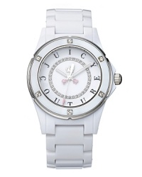 Style is on the forefront from Juicy. The round white watch has a white bracelet and stainless steel closure. Swarovski® crystal markers on the bezel. Iconic white dial with Swarovski® crystal track. Style is on the forefront from Juicy. The round white watch has a white bracelet and stainless steel closure. Swarovski® crystal markers on the bezel. Iconic white dial with Swarovski® crystal track.