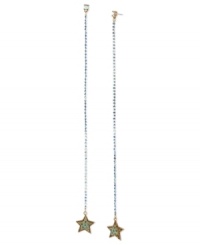 Catch a falling star. Betsey Johnson's pair of long earrings are crafted from gold-tone mixed metal with gold-tone lucite stars and glass accents to light up the night. Approximate drop: 9-1/4 inches. Catch a falling star. Betsey Johnson's pair of long earrings are crafted from gold-tone mixed metal with gold-tone lucite stars and glass accents to light up the night. Approximate drop: 9-1/4 inches.