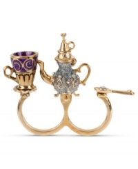 Pour yourself a cup of chic style. Betsey Johnson's two-finger ring highlights a gold tone and silver glitter teapot, gold tone and purple glitter teacup and gold tone spoon with crystal accent. Crafted in antiqued gold tone mixed metal. Size 7-1/2. Pour yourself a cup of chic style. Betsey Johnson's two-finger ring highlights a gold tone and silver glitter teapot, gold tone and purple glitter teacup and gold tone spoon with crystal accent. Crafted in antiqued gold tone mixed metal. Size 7-1/2.