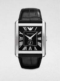 A classic timepiece in sleek stainless steel and luxurious crocodile embossed leather. Quartz movementWater resistant to 5 ATMRectangular stainless steel case, 34.5mm (1.3) X 36.5mm (1.4)Smooth bezelBlack dialRoman numeral hour markersSecond hand sub-dialBlack crocodile embossed leather strapImported A classic timepiece in sleek stainless steel and luxurious crocodile embossed leather. Quartz movementWater resistant to 5 ATMRectangular stainless steel case, 34.5mm (1.3) X 36.5mm (1.4)Smooth bezelBlack dialRoman numeral hour markersSecond hand sub-dialBlack crocodile embossed leather strapImported
