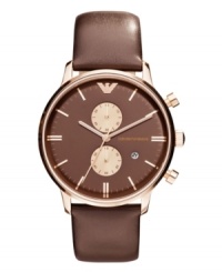 Smooth and rich leather complements the warm rosy hues of this precise chronograph watch from Emporio Armani. Smooth and rich leather complements the warm rosy hues of this precise chronograph watch from Emporio Armani.