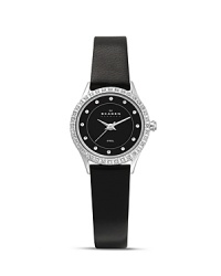 This Skagen watch is styled for maximum simplicity with a hint of sparkle, crafted of stainless steel with a sleek leather band as the compliment. This Skagen watch is styled for maximum simplicity with a hint of sparkle, crafted of stainless steel with a sleek leather band as the compliment.