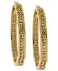 Style, inside and out. These hoop earrings from Vince Camuto step outside the norm. Crafted from gold tone mixed metal, the hoops also feature clear glass accents-inside and out. Approximate drop: 3 inches. Style, inside and out. These hoop earrings from Vince Camuto step outside the norm. Crafted from gold tone mixed metal, the hoops also feature clear glass accents-inside and out. Approximate drop: 3 inches.