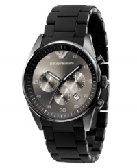 Durable, versatile and stylish, this Emporio Armani watch features a black polyurethane-wrapped stainless steel bracelet and round case. Black chronograph dial with silvertone numerals, logo, date window and three subdials. Quartz movement. Water resistant to 50 meters. Two-year limited warranty. Durable, versatile and stylish, this Emporio Armani watch features a black polyurethane-wrapped stainless steel bracelet and round case. Black chronograph dial with silvertone numerals, logo, date window and three subdials. Quartz movement. Water resistant to 50 meters. Two-year limited warranty.