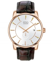 Detailed elegance from esQ Movado. Designed with rosy steel and rich leather, this Capital collection watch complements your finest suits. Detailed elegance from esQ Movado. Designed with rosy steel and rich leather, this Capital collection watch complements your finest suits.