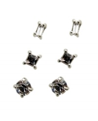 The perfect pair for any occasion. GUESS's three pair earring set feature rectangle, square, and round-cut clear crystals set in silver tone mixed metal. Approximate diameters: 6 mm. The perfect pair for any occasion. GUESS's three pair earring set feature rectangle, square, and round-cut clear crystals set in silver tone mixed metal. Approximate diameters: 6 mm.
