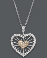 Love is a many splendored thing. Let it shine in this stunning sunburst heart pendant. An intricate wire design crafted from 14k white gold and 14k rose gold shines with the addition of sparkling round-cut diamonds (1/3 ct. t.w.). Approximate length: 18 inches. Approximate drop: 1 inch. Love is a many splendored thing. Let it shine in this stunning sunburst heart pendant. An intricate wire design crafted from 14k white gold and 14k rose gold shines with the addition of sparkling round-cut diamonds (1/3 ct. t.w.). Approximate length: 18 inches. Approximate drop: 1 inch.