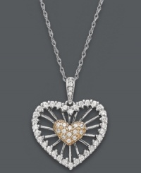 Love is a many splendored thing. Let it shine in this stunning sunburst heart pendant. An intricate wire design crafted from 14k white gold and 14k rose gold shines with the addition of sparkling round-cut diamonds (1/3 ct. t.w.). Approximate length: 18 inches. Approximate drop: 1 inch.