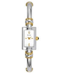 Refined beauty that will go everywhere with you. This gorgeous Bulova watch features a goldtone & silvertone stainless steel bracelet and rectangular case. White dial with logo and goldtone stick indices. Quartz movement. Moisture resistant. Three-year warranty. Refined beauty that will go everywhere with you. This gorgeous Bulova watch features a goldtone & silvertone stainless steel bracelet and rectangular case. White dial with logo and goldtone stick indices. Quartz movement. Moisture resistant. Three-year warranty.