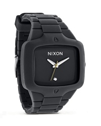 Nixon's rubber flex watch is well-equipped for your off-the-map adventures. The black dial is sharp and masculine while the flexible strap keeps it sporty. Nixon's rubber flex watch is well-equipped for your off-the-map adventures. The black dial is sharp and masculine while the flexible strap keeps it sporty.