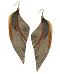 Unflappable fashion. Ali Khan's totally on-trend earrings style features leather feathers dyed in natural colors Set in gold tone mixed metal. Approximate drop: 5-1/2 inches.