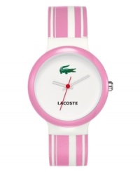 Sugar high. Stay upbeat with this cotton candy colored Goa watch by Lacoste. Pink and white striped silicone strap and round white plastic case with pink bezel. White dial features iconic crocodile logo and three hands. Quartz movement. Water resistant to 30 meters. Two-year limited warranty. Sugar high. Stay upbeat with this cotton candy colored Goa watch by Lacoste. Pink and white striped silicone strap and round white plastic case with pink bezel. White dial features iconic crocodile logo and three hands. Quartz movement. Water resistant to 30 meters. Two-year limited warranty.