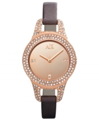 A slim strap in rich brown leather complements the Swarovski sparkle on this AX Armani Exchange watch. A slim strap in rich brown leather complements the Swarovski sparkle on this AX Armani Exchange watch.