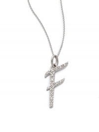 THE LOOK14k white gold.08 tcwF initial pendantSpring ring claspTHE FITLength, about 16Pendant size, about ¼W X ¾LTHE MATERIAL14k white goldDiamondsORIGINImported THE LOOK14k white gold.08 tcwF initial pendantSpring ring claspTHE FITLength, about 16Pendant size, about ¼W X ¾LTHE MATERIAL14k white goldDiamondsORIGINImported