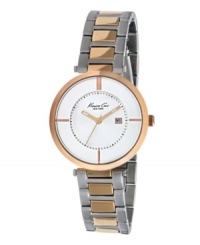 Structured with a hint of rosy hues: a fantastic combination from Kenneth Cole New York. Watch crafted of stainless steel bracelet with rose-gold tone center links and round rose-gold tone stainless steel case. White dial features rose-gold tone stick indices at twelve, three, six and nine o'clock, minute track, date window at three o'clock, rose-gold tone three hands and logo at twelve o'clock. Quartz movement. Water resistant to 30 meters. Limited lifetime warranty. Structured with a hint of rosy hues: a fantastic combination from Kenneth Cole New York. Watch crafted of stainless steel bracelet with rose-gold tone center links and round rose-gold tone stainless steel case. White dial features rose-gold tone stick indices at twelve, three, six and nine o'clock, minute track, date window at three o'clock, rose-gold tone three hands and logo at twelve o'clock. Quartz movement. Water resistant to 30 meters. Limited lifetime warranty.