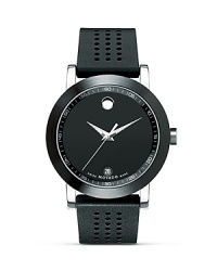 Men's Movado Museum® Sport watch in solid stainless steel with black Museum dial and black perforated rubber strap. Men's Movado Museum® Sport watch in solid stainless steel with black Museum dial and black perforated rubber strap.
