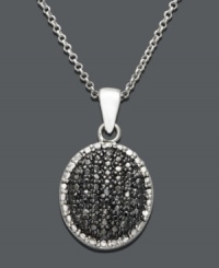 Complete your whole look with bold black black sparkle and versatile design. Oval-shaped pendant features round-cut black diamonds (1/4 ct. t.w.) trimmed with white diamond edges. Crafted in sterling silver. Approximate length: 18 inches. Approximate drop: 7/8 inch. Complete your whole look with bold black black sparkle and versatile design. Oval-shaped pendant features round-cut black diamonds (1/4 ct. t.w.) trimmed with white diamond edges. Crafted in sterling silver. Approximate length: 18 inches. Approximate drop: 7/8 inch.