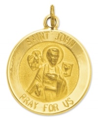Keep your faith close to your heart. This intricate medal charm features a divine depiction, as well as the words: Saint John Pray For Us in 14k gold. Chain not included. Approximate length: 9/10 inch. Approximate width: 6/10 inch. Keep your faith close to your heart. This intricate medal charm features a divine depiction, as well as the words: Saint John Pray For Us in 14k gold. Chain not included. Approximate length: 9/10 inch. Approximate width: 6/10 inch.