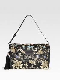 The beauty of the far east is imbued in this brocade style with leather accents.Adjustable leather shoulder strap, 7-9½ dropFold-over flap strap closureOne open pocket under flapOne inside zip pocketTwo inside open pocketsSilk blend lining13½W X 12¾H X 4¾DMade in Italy The beauty of the far east is imbued in this brocade style with leather accents.Adjustable leather shoulder strap, 7-9½ dropFold-over flap strap closureOne open pocket under flapOne inside zip pocketTwo inside open pocketsSilk blend lining13½W X 12¾H X 4¾DMade in Italy