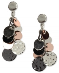 Shake things up with Nine West's shimmering earring style. With a tri-tone shine, these drop earrings make some noise with circular pendants. Crafted in imitation rhodium, hematite and rose-gold tone mixed metal. Approximate drop: 1-3/4 inches. Shake things up with Nine West's shimmering earring style. With a tri-tone shine, these drop earrings make some noise with circular pendants. Crafted in imitation rhodium, hematite and rose-gold tone mixed metal. Approximate drop: 1-3/4 inches.
