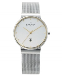 When style perfectly melds with function. This Skagen Denmark timepiece features a signature silvertone stainless steel mesh bracelet and case with a goldtone bezel, markers, and dots-- all contrasted on a white dial with a date window. Three-hand, quartz movement. Water resistant to 30 meters. When style perfectly melds with function. This Skagen Denmark timepiece features a signature silvertone stainless steel mesh bracelet and case with a goldtone bezel, markers, and dots-- all contrasted on a white dial with a date window. Three-hand, quartz movement. Water resistant to 30 meters.