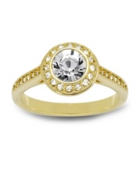 Gilt-y pleasure: Set in gold tone mixed metal, Swarovski's regal ring is accented by sparkling clear crystals both as a centerpiece and as pavé accents. Size 7. Gilt-y pleasure: Set in gold tone mixed metal, Swarovski's regal ring is accented by sparkling clear crystals both as a centerpiece and as pavé accents. Size 7.