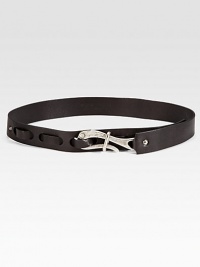 A sculptural hook buckle anchors this stylish leather piece.About 1½ wideLeatherMade in USA A sculptural hook buckle anchors this stylish leather piece.About 1½ wideLeatherMade in USA