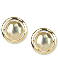 Cute as a button, these brushed earrings from Jones New York help your style come full circle. Crafted in brushed and worn gold tone mixed metal. Clip-on backing for non-pierced ears. Approximate diameter: 1 inch.