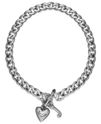Show your love for Juicy Couture. This chunky collar necklace shines with the sleek sophistication of heart and J logo charms. Chain crafted in stainless steel. Charms crafted in silver tone mixed metal with toggle clasp. Approximate length: 16 inches. Approximate drop: 1-3/4 inches. Show your love for Juicy Couture. This chunky collar necklace shines with the sleek sophistication of heart and J logo charms. Chain crafted in stainless steel. Charms crafted in silver tone mixed metal with toggle clasp. Approximate length: 16 inches. Approximate drop: 1-3/4 inches.