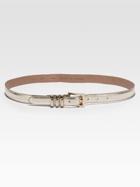 Metallic leather in a slender style, fastened with a goldtone buckle.About 1 wideLeatherMade in Italy Metallic leather in a slender style, fastened with a goldtone buckle.About 1 wideLeatherMade in Italy