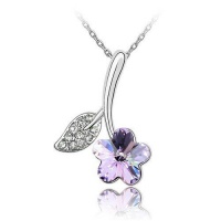 Contessa Bella Fancy Genuine 18k White Gold Plated Lavender Lilac and Clear Swarovski Austrian Crystal Elements Flower and Leaf Women Charm Pendant Necklace Elegant Silver Color Crystal Floral Fashion Jewelry