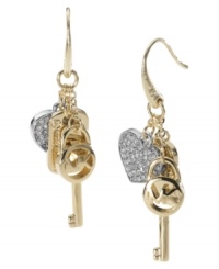 Under lock and key. Bold and flirty drop earrings by Michael Kors combine mini key, heart and czech stone charms. Crafted in gold tone mixed metal. Approximate width: 1/4 inch. Approximate drop: 1-1/4 inches. Under lock and key. Bold and flirty drop earrings by Michael Kors combine mini key, heart and czech stone charms. Crafted in gold tone mixed metal. Approximate width: 1/4 inch. Approximate drop: 1-1/4 inches.