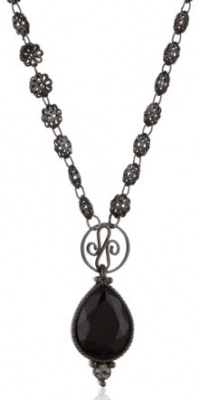 1928 Jewelry Hematite-Color and Onyx Daisy Chain Teardrop Pendant Necklace 1928 Jewelry Hematite-Color and Onyx Daisy Chain Teardrop Pendant Necklace