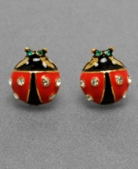 Cheerful ladybugs look cute as a button with crystal accents on these Betsey Johnson stud earrings. Crafted in mixed metal. Approximate width: 2/5 inch. Cheerful ladybugs look cute as a button with crystal accents on these Betsey Johnson stud earrings. Crafted in mixed metal. Approximate width: 2/5 inch.