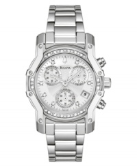 With refined style and pristine functionality, this Bulova watch is a treasure. Stainless steel bracelet and round case. Chronograph silvertone dial with logo, date window, diamond accents at markers and three subdials. Quartz movement. Water resistant to 30 meters. Three-year lifetime warranty. With refined style and pristine functionality, this Bulova watch is a treasure. Stainless steel bracelet and round case. Chronograph silvertone dial with logo, date window, diamond accents at markers and three subdials. Quartz movement. Water resistant to 30 meters. Three-year lifetime warranty.