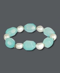 Add a splash. This stylish stretch bracelet combines cultured freshwater pearls (8-9 mm) and sea blue Chalcedony nuggets (126 ct. t.w.). Bracelet stretches to fit wrist. Approximate length: 7-1/2 inches. Add a splash. This stylish stretch bracelet combines cultured freshwater pearls (8-9 mm) and sea blue Chalcedony nuggets (126 ct. t.w.). Bracelet stretches to fit wrist. Approximate length: 7-1/2 inches.