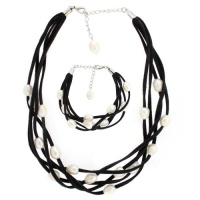 Layered Bobbi Leather Suede and Pearl Necklace and Bracelet Set in Black Suede with White pearls Layered Bobbi Leather Suede and Pearl Necklace and Bracelet Set in Black Suede with White pearls
