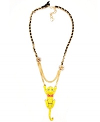 Hold on little tiger. Betsey Johnson's antique gold tone mixed metal necklace has multiple chains and a black grosgrain ribbon. The cute tiger pendant features red and gold-tone details and crystal accents. Approximate length: 28 inches + 3-inch extender. Approximate drop: 4-3/4 inches. Hold on little tiger. Betsey Johnson's antique gold tone mixed metal necklace has multiple chains and a black grosgrain ribbon. The cute tiger pendant features red and gold-tone details and crystal accents. Approximate length: 28 inches + 3-inch extender. Approximate drop: 4-3/4 inches.